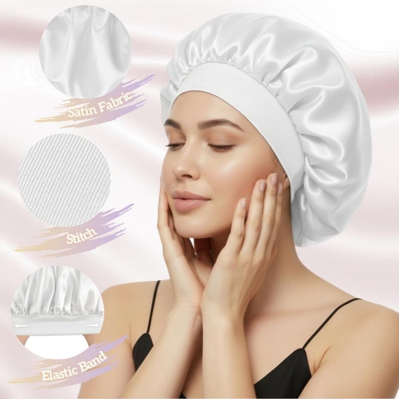 AILONSHAWN White Silk Bonnet for Sleeping Women Satin Hair Bonnets for Sleeping Curly Hair Large Silk Sleep Bonnet Cap 2 Pack Satin Night Cap - Image 3
